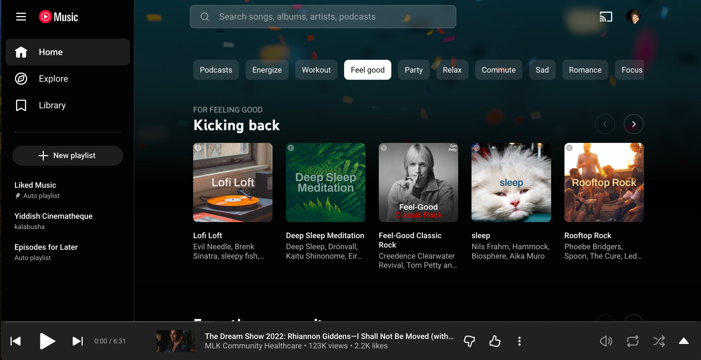 Front page for YouTube Music